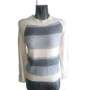 Denver Hayes White and Grey Striped Mock Neck Sweater S